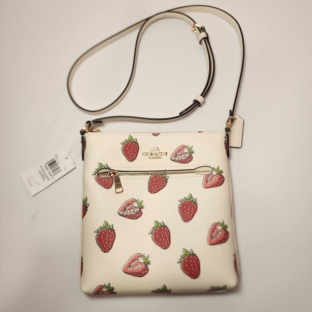 NWT COACH CAQ09 Mini Rowan File Bag With Strawberry Print Coated Canvas Leather
